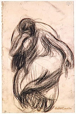 Eugène Carrière - Femme assise, dans un fauteuil, de face, tenant son front de s...