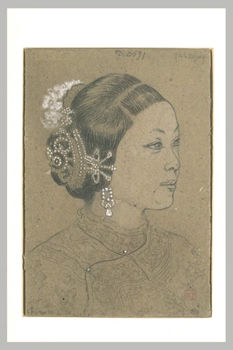 Joseph de La Nézière - Tête de chinoise de Shanghaï, coiffée d'un chignon retenu...