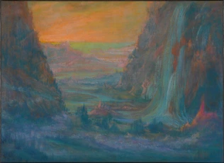 François Garas - Paysage de montagne avec cascade au soleil couchant