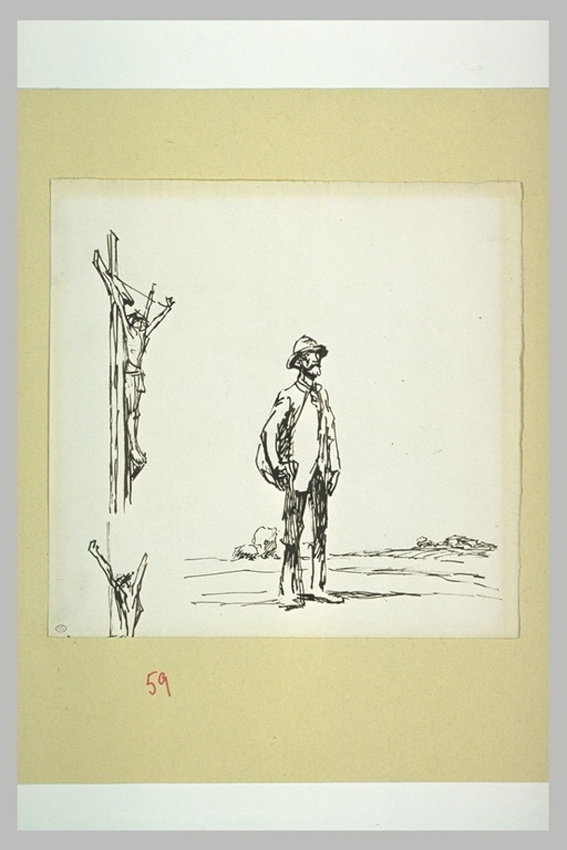 Théophile Alexandre Steinlen - Un chemineau, debout, une besace sur le dos ; étu...