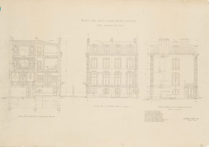 Louis Boitte - Hôtel de M. Blandin à Nevers, coupe, façade sur le jardin et faça...