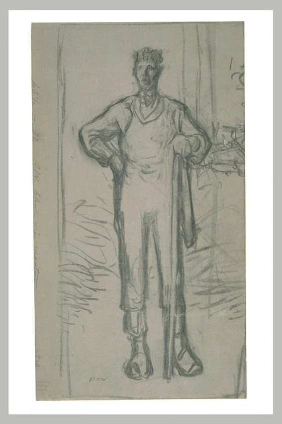 Jean-François Millet - Homme, debout, de face, la main gauche posée sur un grand...