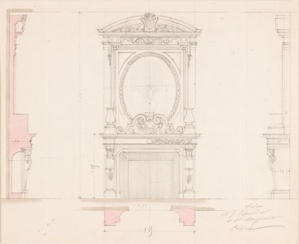 Alphonse Gosset - Cheminée avec trumeau, élévation de face et de côté, plan et c...