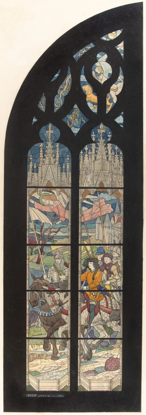 Eugène Grasset - Légende de Jeanne d'Arc: Vaucouleurs, Jeanne d'Arc part avec Je...