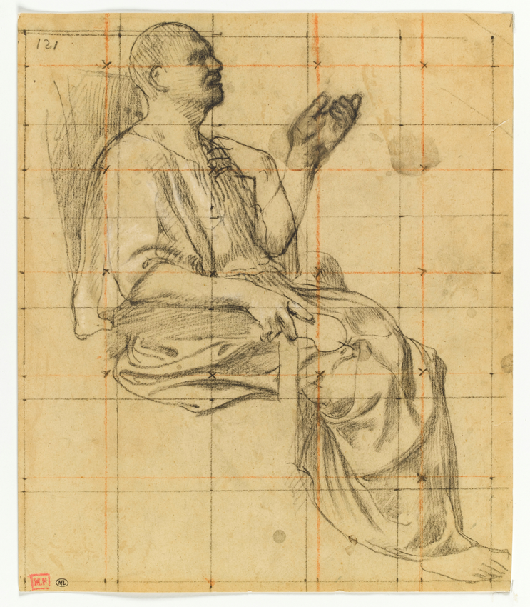 Pierre Puvis de Chavannes - Homme assis, drapé, de profil vers la droite, la mai...