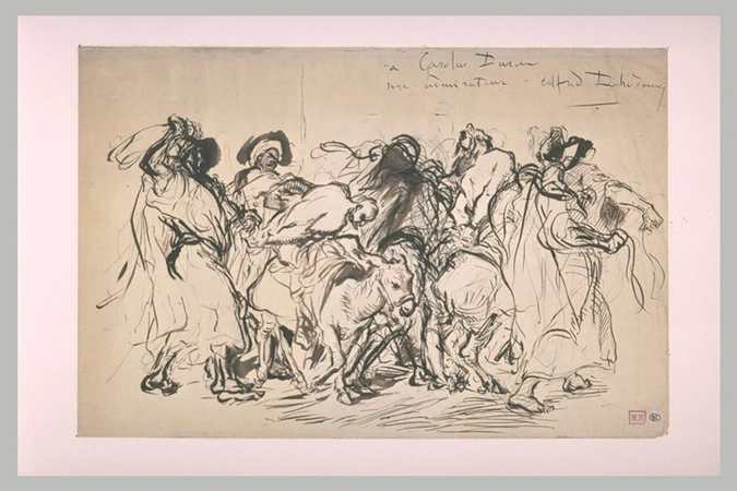 Alfred Dehodencq - Orientaux escortant un homme monté sur un âne et flagellé par...