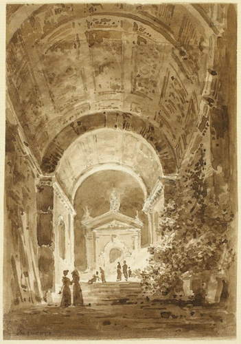 Louis Jacques Mandé Daguerre - Intérieur d'une basilique, avec ruines et personn...