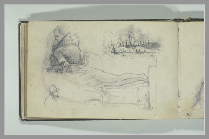 Gustave Courbet - Etudes d'un homme couché, vu en raccourci, de paysage, d'une f...