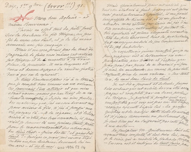Nadar - Lettre de Nadar à Aglaüs Bouvenne