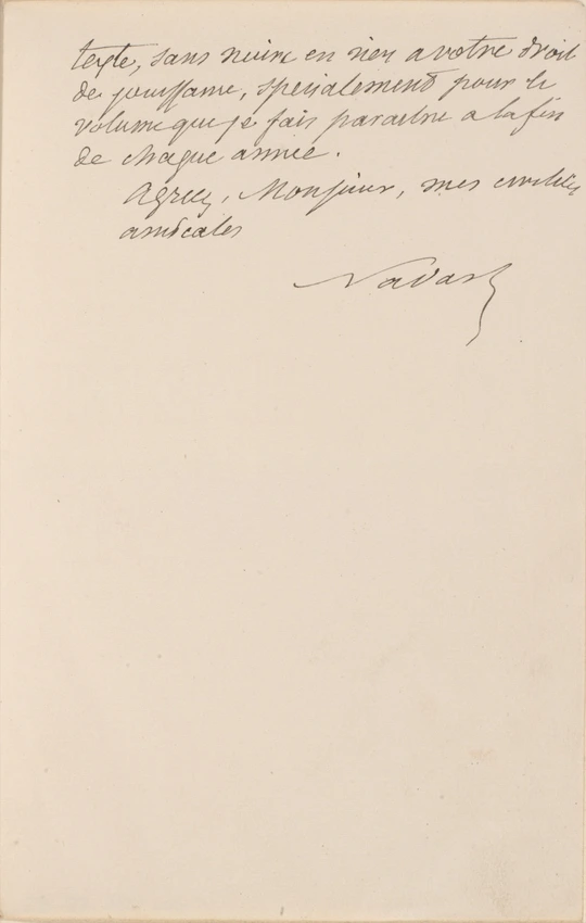 Lettre manuscrite de Nadar, adressée à Monsieur Vanier, éditeur à Paris, sur papier à l'en-tête de Nadar Quand-même - Nadar