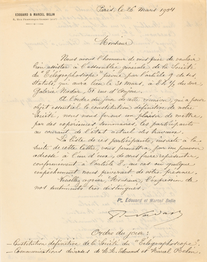 Paul Nadar - Lettre manuscrite de Paul Nadar invitant à la participation à la ré...