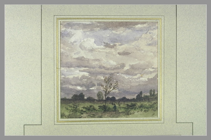 Champs au crépuscule sous un ciel chargé de nuages