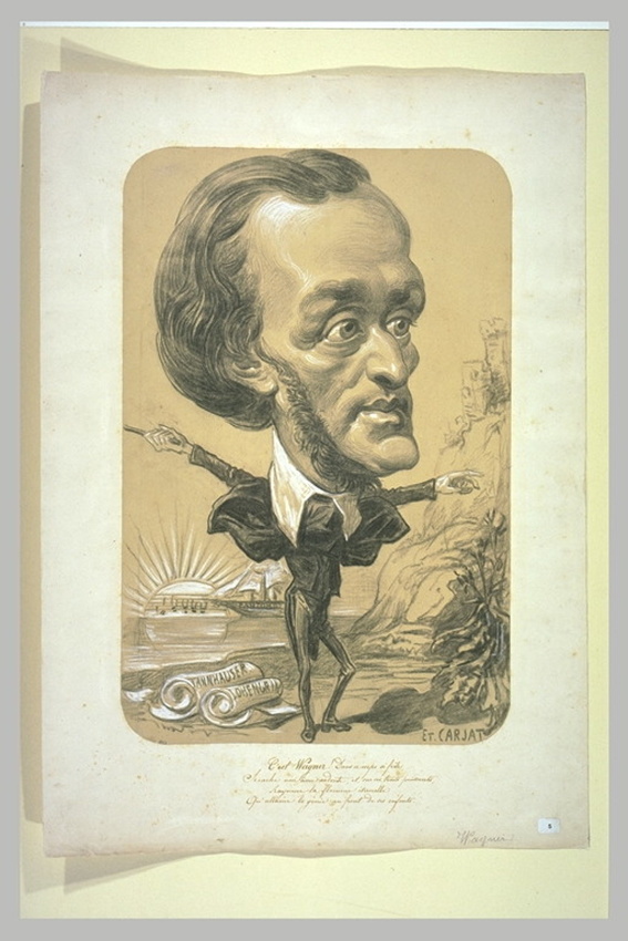 Etienne Carjat - Portrait-charge de Wagner, avec une tête colossale sur un corps...