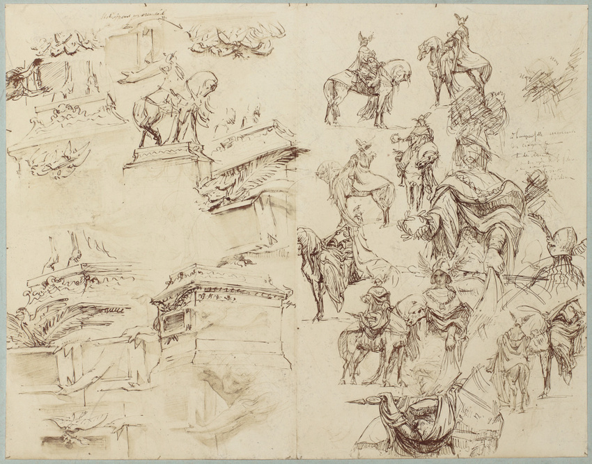 D. Freuler - Photographie d'une feuille de croquis d'un monument équestre, à Jea...