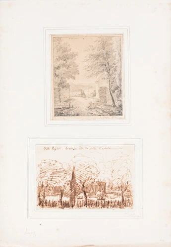 Deux paysages contrecollés sur une planche: chemin dans la campagne (en haut) et Villa Borghese. concert sur l'eau des fêtes d'octobre (en bas) - Victor Baltard