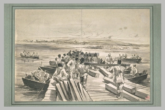 Auguste-André Lançon - Pontonniers construisant un pont de bateaux sur une riviè...