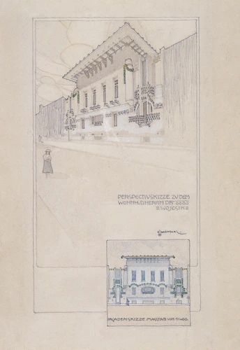 Otto Schönthal - Villa Vojcsik à Vienne, façade sur rue, élévation et perspectiv...