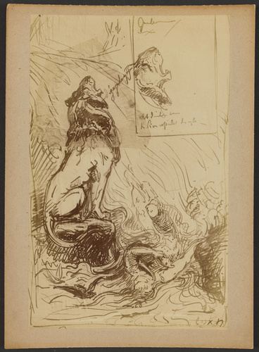 D. Freuler - Photographie d'une feuille de croquis de lion hurlant et personnage...