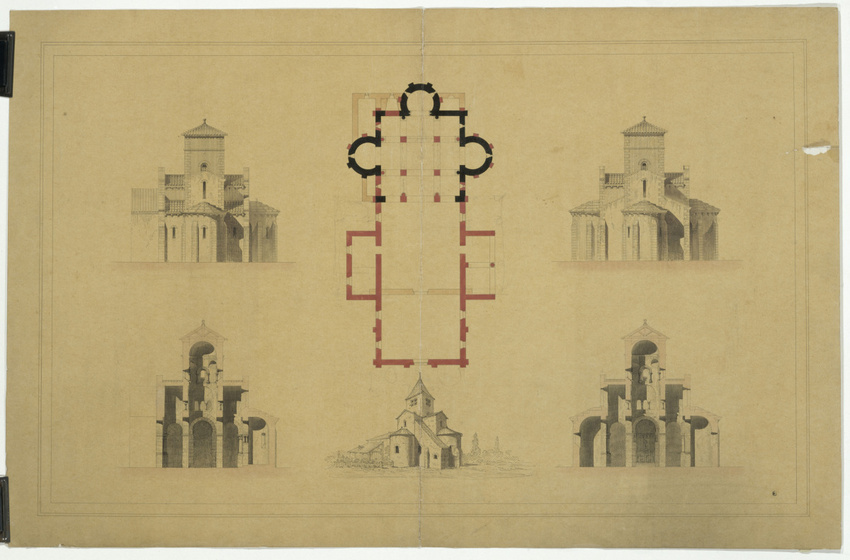 Juste Lisch - Eglise de Germiny-des-Prés, plan, coupes et élévations, vue perspe...