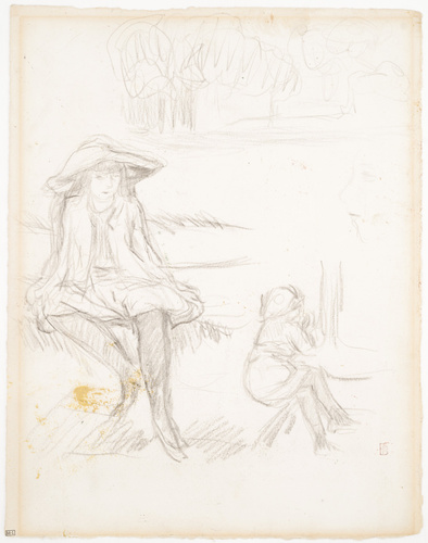 Pierre Bonnard - Jeune fille portant un grand chapeau et enfant assis dans un pa...