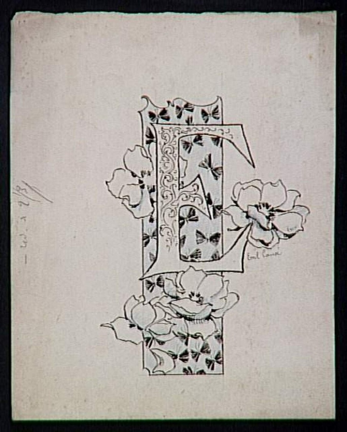 Emile Causé - Lettre ornée E, décor de fleurs et de papillons