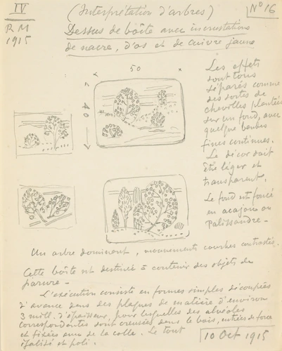 Eugène Grasset - Paysage pour un dessus de boîte avec incrustation de nacre, d'o...