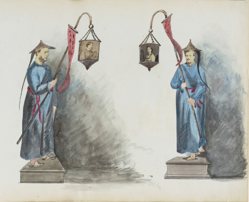 Georgiana Louisa Berkeley - Deux hommes déguisés en chinois portant des lampions...