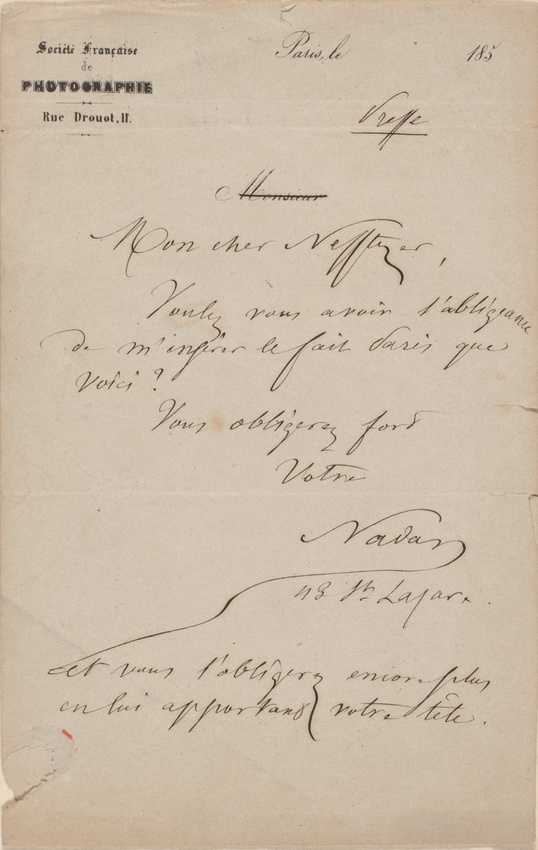 Nadar - Lettre manuscrite de Nadar, papier à l'en-tête de la Société Française d...