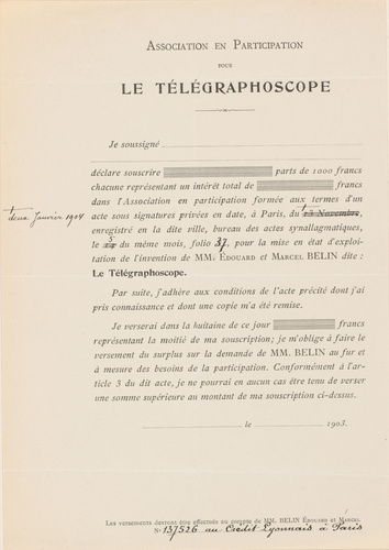 Anonyme - Déclaration de souscription au Télégraphoscope