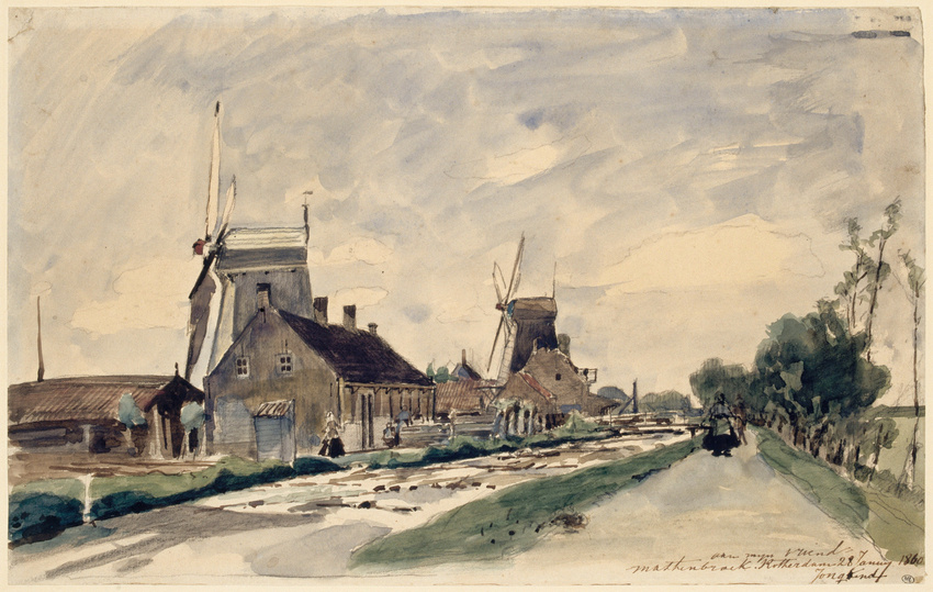 Johan Barthold Jongkind - Canal en Hollande bordé de maisons et de moulins