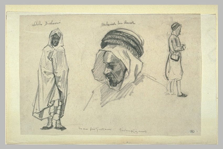 Guillaume Regamey - Arabe debout, drapé dans son burnou ; tête de trois quarts ;...