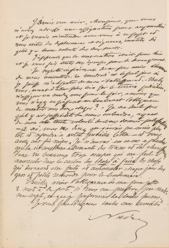 Nadar - Lettre de Félix Nadar, à un destinataire non identifié