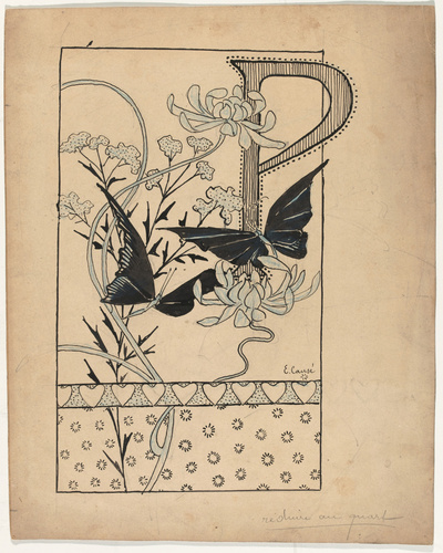 Emile Causé - Lettre ornée P, décor de chèvrefeuille et papillons