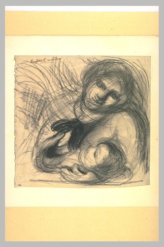 Eugène Carrière - Femme, vue à mi-corps, de face, se penchant sur un enfant couc...