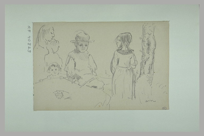 Odilon Redon - Femme avec deux enfants, petit garçon coiffé d'un chapeau et peti...