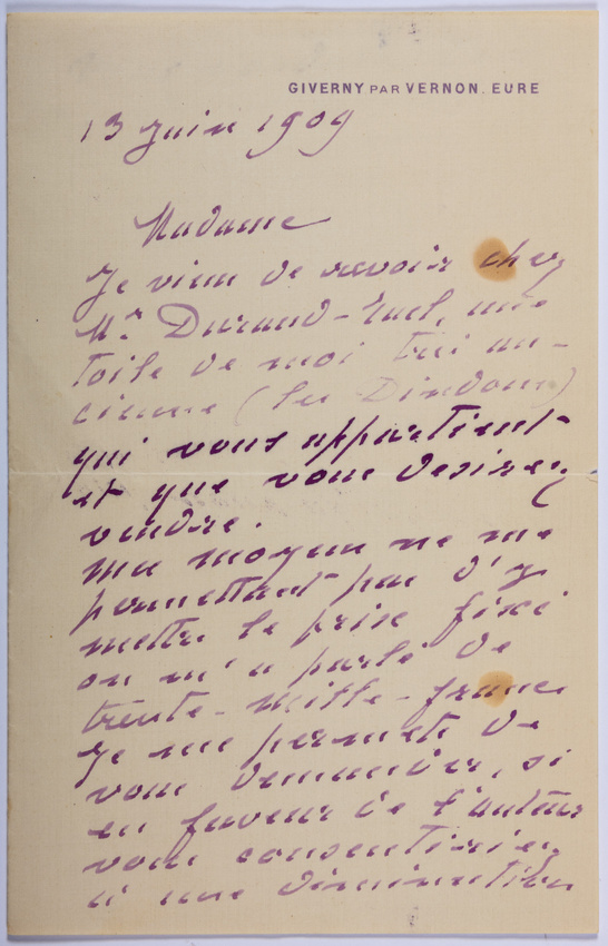 Claude Monet - Lettre à Winnaretta Singer