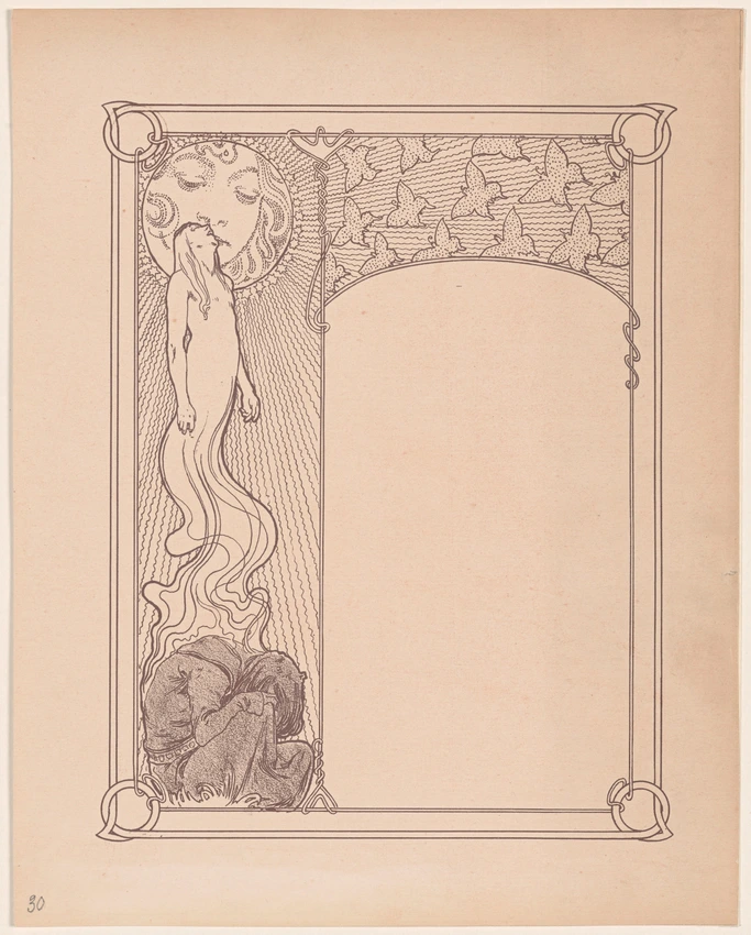 Alphonse Mucha - Figure s'élevant au-dessus d'un personnage, baisant les lèvres ...