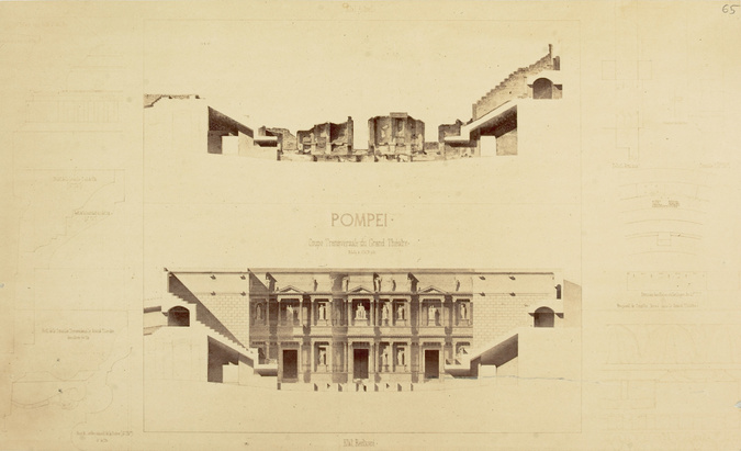 Anonyme - Photographie de dessin : Pompéi, le grand Théâtre, coupe transversale,...