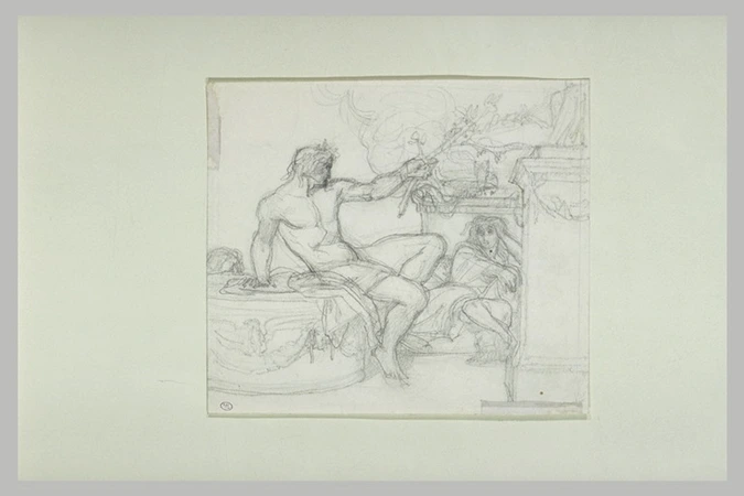 Alexandre Cabanel - Bacchus assis sur la base d'une colonne près d'une figure as...