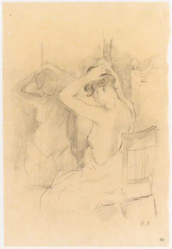 Berthe Morisot - Femme demi nue, vue de dos, se coiffant, une glace reflétant so...
