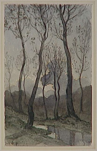 Henri Harpignies - Ruisseau bordé de grands arbres au crépuscule