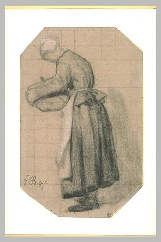 François Bonvin - Femme, debout, un bonnet sur la tête, tenant un bassin