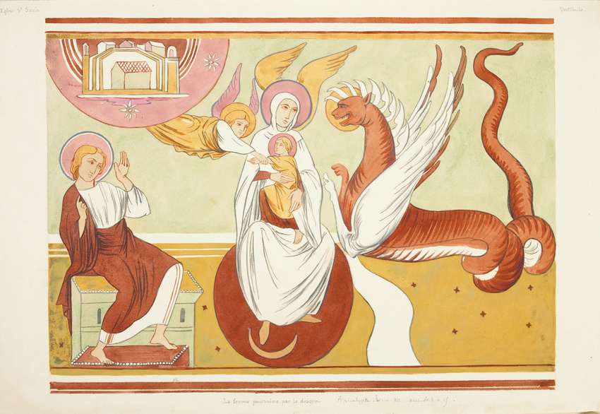 Eglise de Saint-Savin, vestibule, la femme poursuivie par le dragon ...