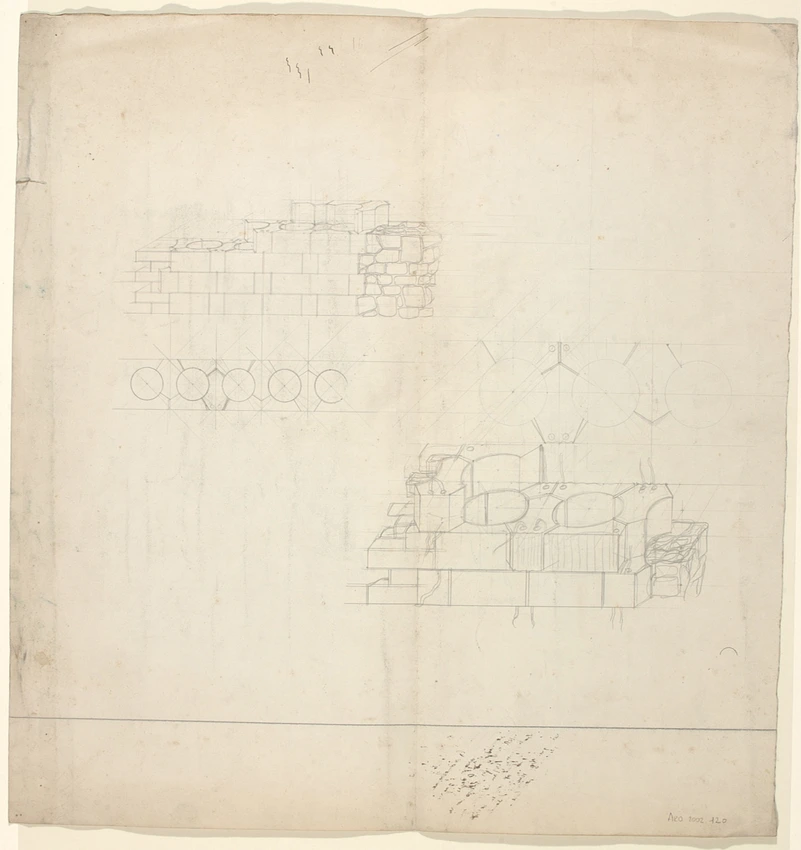 Plan et élévation d'une villa (recto) ; Détail d'une fontaine (verso) - François Jean Marie Garat