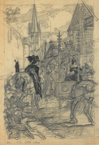 Eugène Grasset - Scène médiévale, cortège avec chevaliers et dame dans une chais...