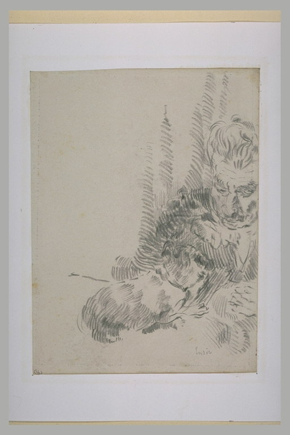 James Ensor - Grand-mère assise jouant avec son petit chien