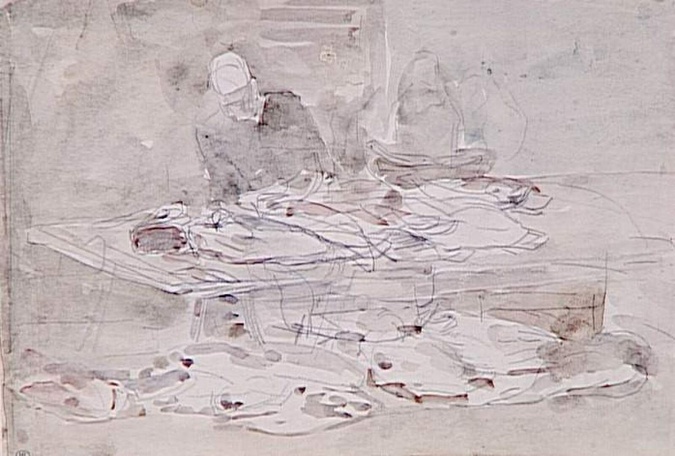 Eugène Boudin - Homme derrière un étal à poissons