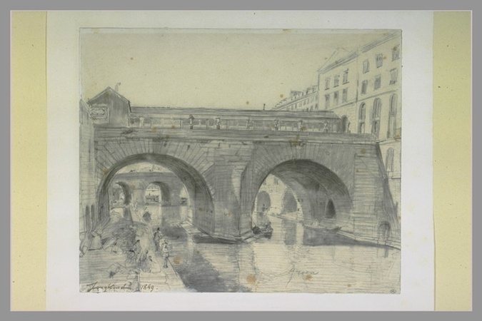 Johan Barthold Jongkind - Pont à deux arches d'une grande ville, avec des pêcheu...