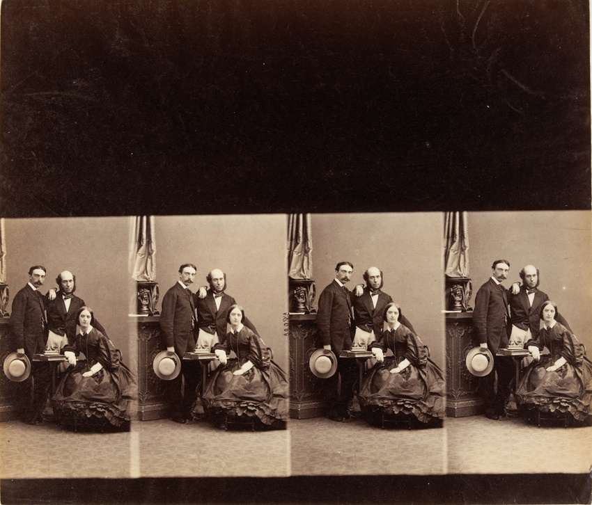 André Adolphe Eugène Disdéri - Groupe de deux hommes et une femme en quatre pose...