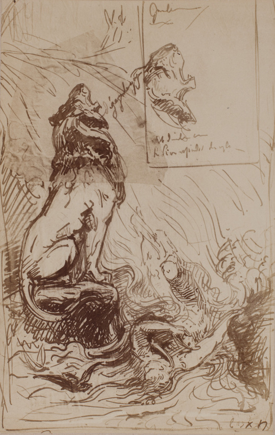 D. Freuler - Photographie d'une feuille de croquis de lion hurlant et personnage...